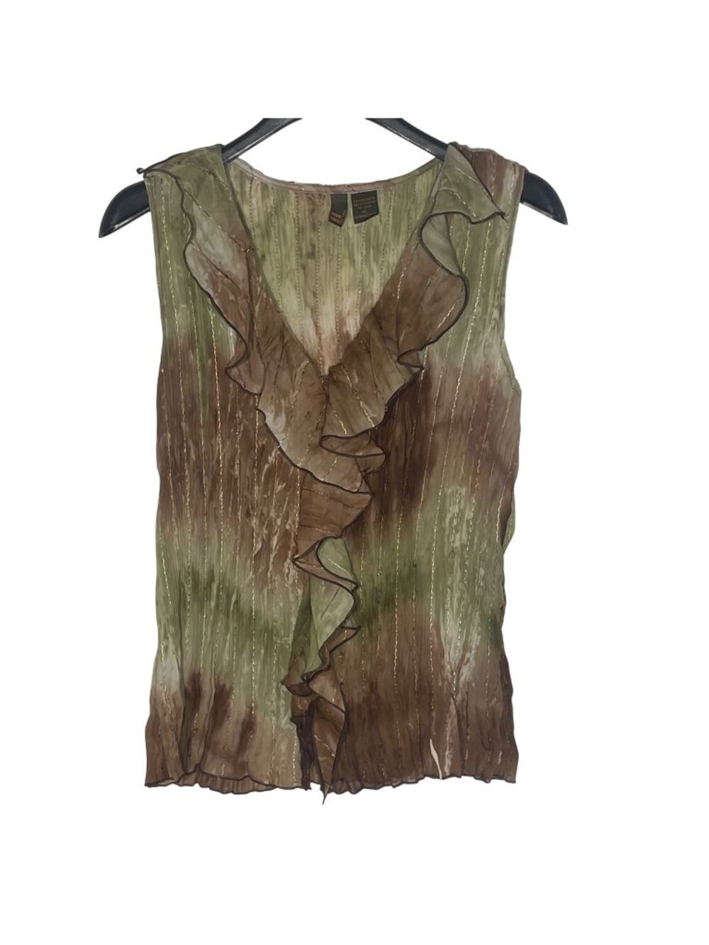 Serenade Vintage Y2K Sheer Ribbed Ruffle Sequin Top Sz XL Forest Fairy Crinkle